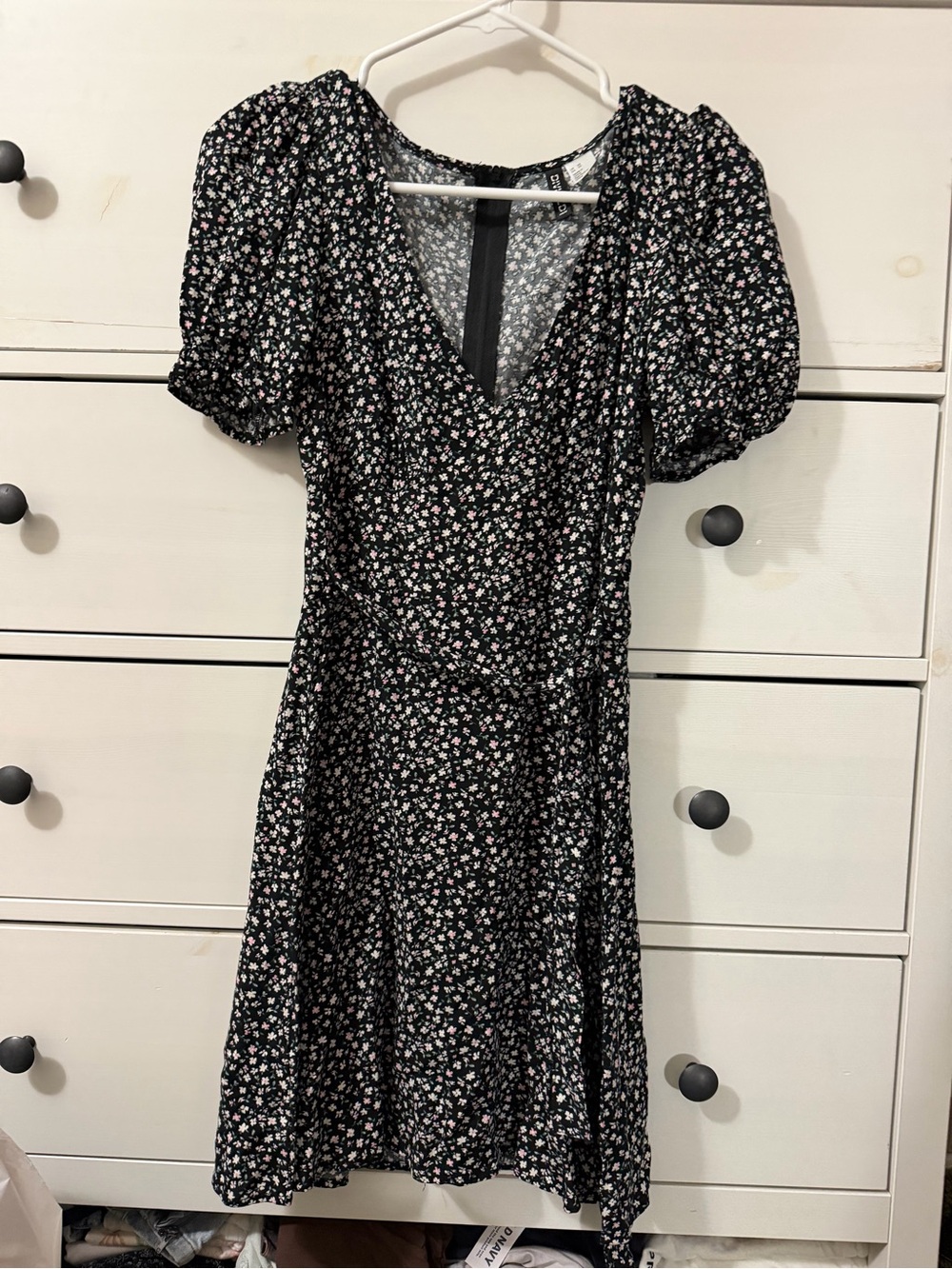 H&M Black Floral V-Neck Puff Sleeve Dress with Pink and White Blossoms